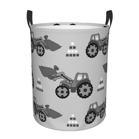 Rateoe Gray Tractor Pattern Round Laundry Hamper Basket, Tall Hamper Basket for Blanket Storage, Nursery Clothes Hamper for Laundry in Bedroom and College Dorm-Small