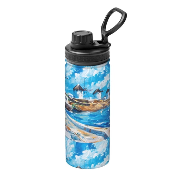 Rateoe Greek Island Windmills Painting Printed 18oz Sports Insulated Water Bottle, Double-Wall Stainless Steel Kettle with Leak-Proof Cap and Carry Loop for Outdoor, Gym, Camping, and Travel