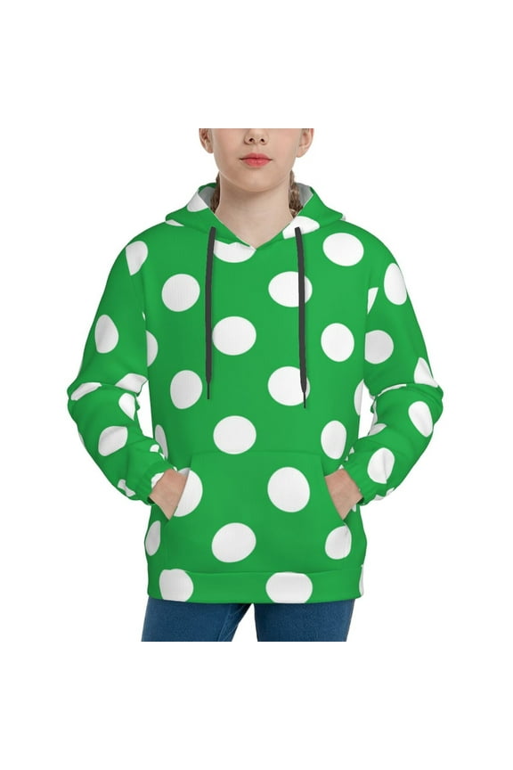 Green And White Polka Dot Pattern Boys Hoodie, Youth Pullover Hooded Sweatshirt, Kangaroo Pocket Hoodie for Kids-Medium