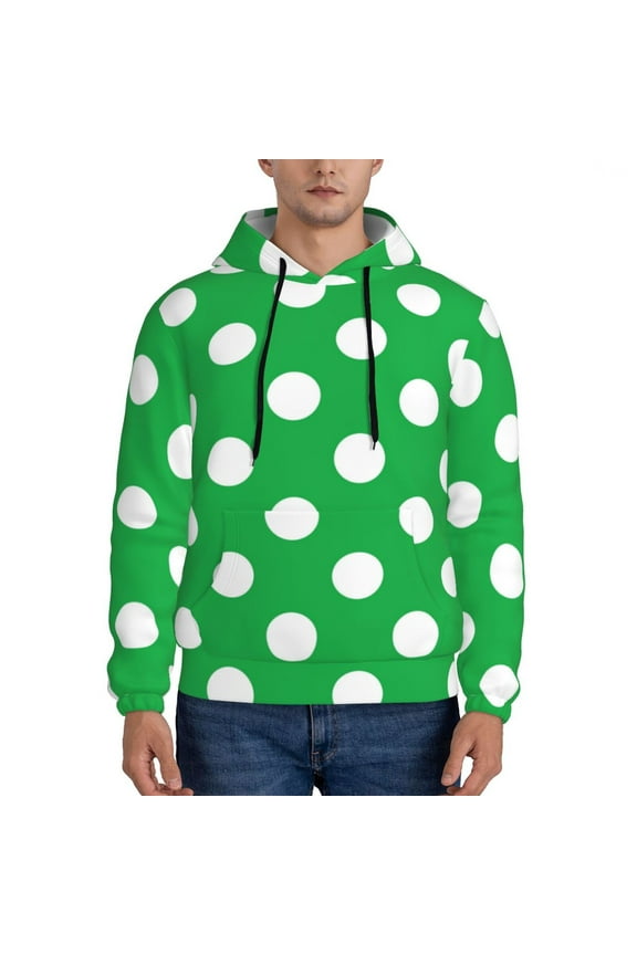 Green And White Polka Dot Pattern Mens Hoodie, Pullover Hooded Sweatshirt, Kangaroo Pocket Hoodie Ideal for Daily Wear, Travel and Home-4X-Large