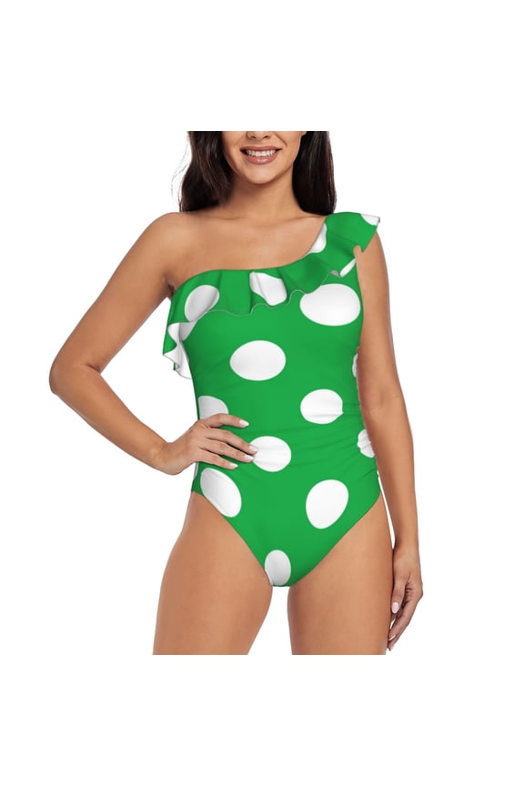 Green And White Polka Dot Pattern Women One Piece Swimsuits Tummy Control One Shoulder Bathing Suits Ruffle Swimwear-Medium