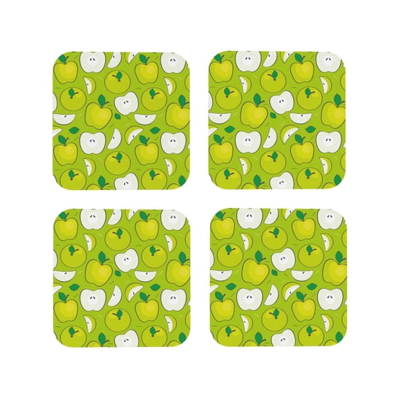 Rateoe Green Apple Drawing Drink Coasters Set of 4 Leather Coasters Spill Protection for Table Desk,Durable and Non Slip Leather Coaster ,4 Inches Drink Mats-Square