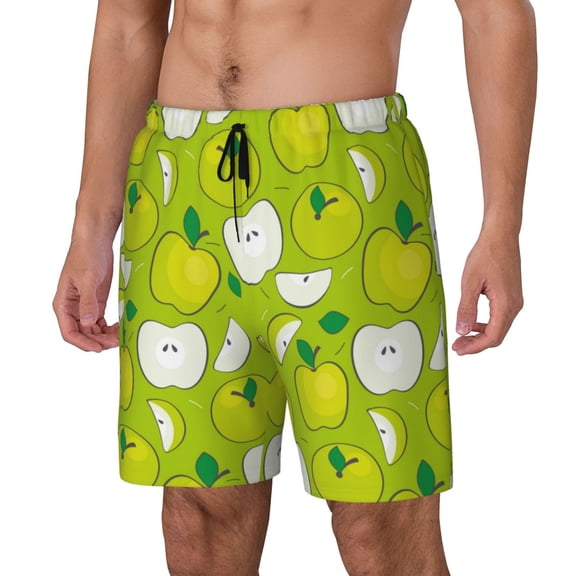 Rateoe Green Apple Pattern Men’s Swim Shorts with Compression Liner – Double-Layered Quick-Dry Swimwear, Comfortable & Stretchy Beach Shorts-Large