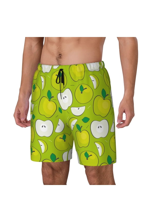 Green Apple Pattern Men’s Swim Shorts with Compression Liner – Double-Layered Quick-Dry Swimwear, Comfortable & Stretchy Beach Shorts-Large