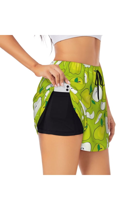 Green Apple Printed 2 in 1 Women's Workout Shorts for Athletic Gym Running Shorts with Phone Pockets-
