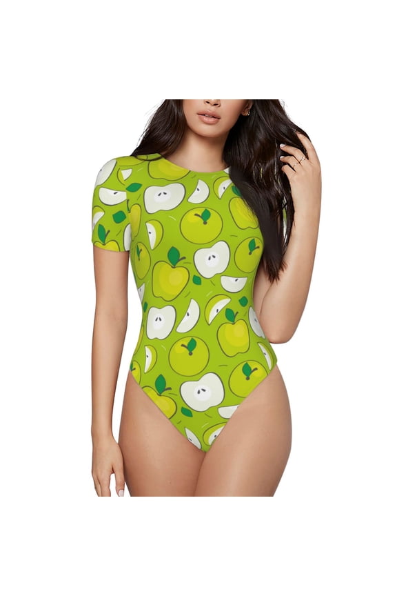 Green Apple Printed Women Rash Guard Short Sleeve,Tummy control Swimsuit Surfing Swimsuit Bathing Suit Short-sleeved Onesie UPF 50+ -Large