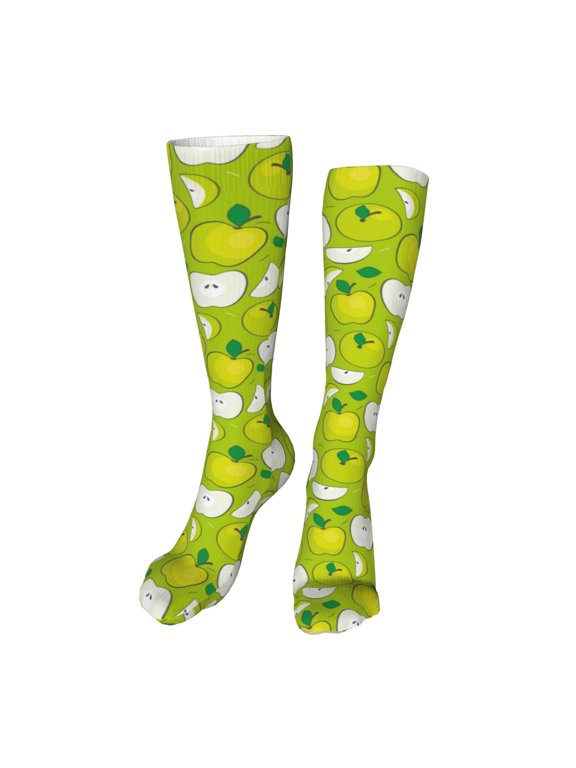 Green Apple print Women's Men's Novelty 20in Crew Socks Cotton Socks Knee High Socks for Walking,Running,Nurses,Pregnancy-One Size