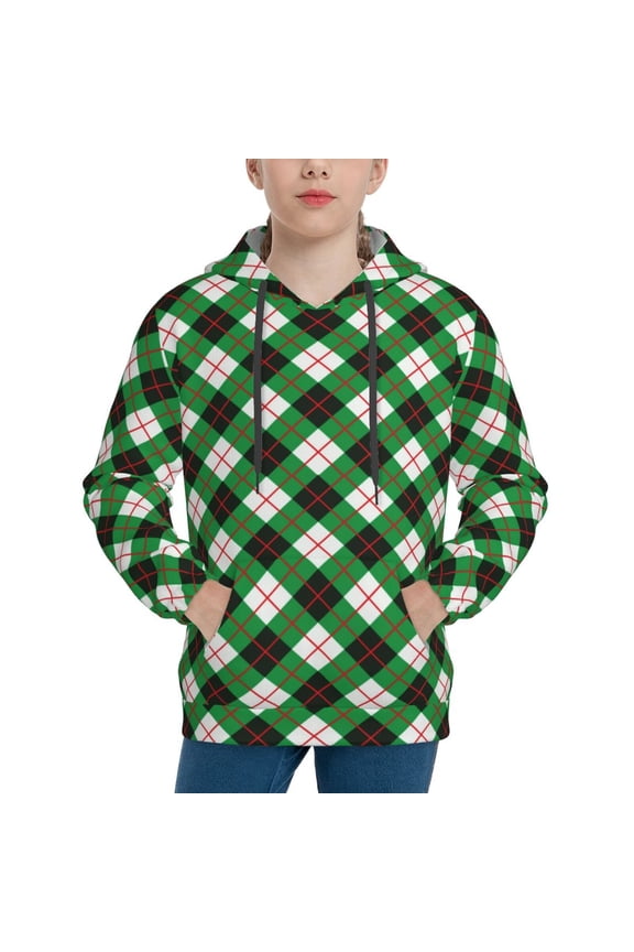 Green Argyle Plaid Pattern Boys Hoodie, Youth Pullover Hooded Sweatshirt, Kangaroo Pocket Hoodie for Kids-Large