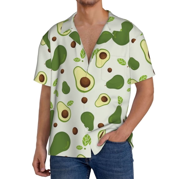 Rateoe Green Avocado Pattern Men's Short Sleeve Classic Shirt, Casual Short-Sleeved Shirt, Lightweight Summer Shirt, Cuban Collar Shirt,Button-Front Shirt-Large