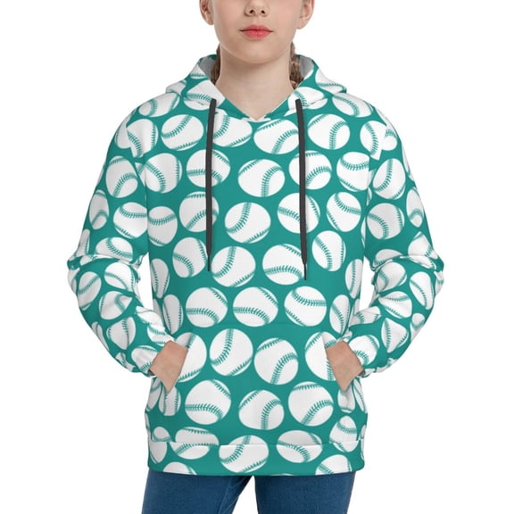 Rateoe Green Baseball Pattern Boys Hoodie, Youth Pullover Hooded Sweatshirt, Kangaroo Pocket Hoodie for Kids-Large