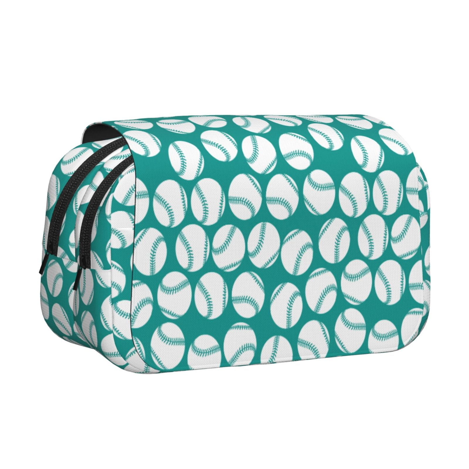 Rateoe Green Baseball Pattern Double Clamshell Pen Case, Storage Organizer with Two Zipper Compartments– Holds Up to 50 Pencils & Pens