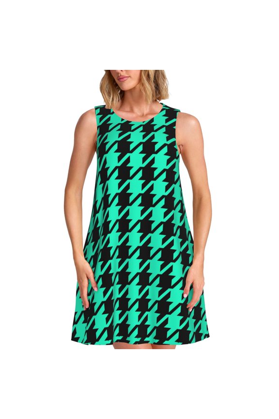Green and Black Houndstooth Pattern Women’s Sleeveless Dress,Casual Summer Dress,A-line Sleeveless Dress Versatile Summer Dress Stylish Day Dress