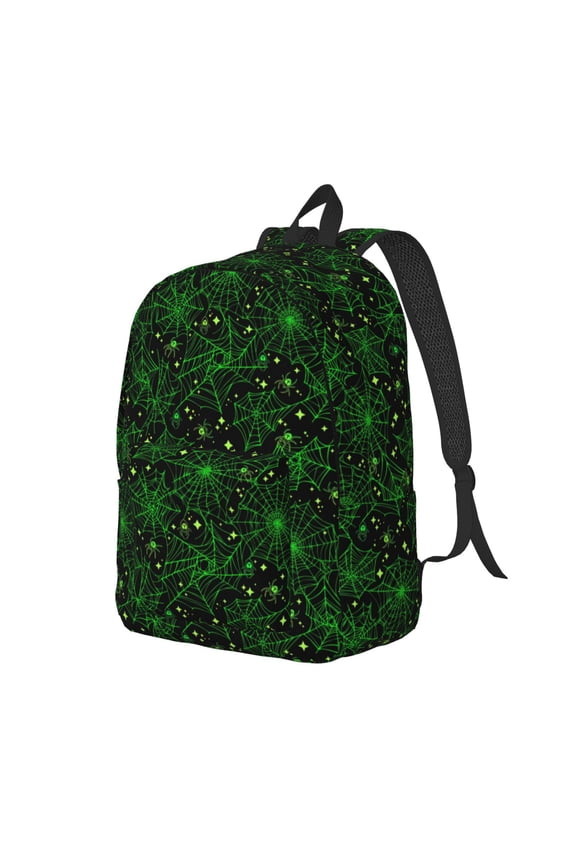 Green Bright Web with Spiders Pattern Durable Canvas Backpack for Men & Women – Stylish & Lightweight – Adjustable Straps, Multiple Pockets – Fits 15-17 Inch LaptopsSmall