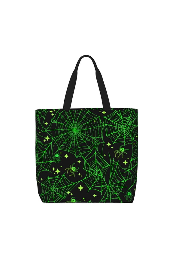 Green Bright Web with Spiders Print Lightweight Tote Bag for Women, Water-Resistant Shoulder Bag with Zipper, Spacious Casual Handbag for Work, School, Shopping