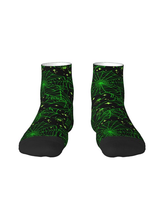Green Bright Web with Spiders Pattern Quarter Crew Socks,Toe Seamed Ankle Socks,Cotton Cushioned Breathable Athletic Crew Sports Socks