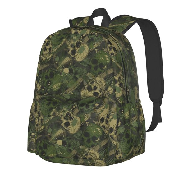 Rateoe Green Camouflage Skull Pattern Student Backpack,Backpack for School,Lightweight Bag,Travel Backpack,Outdoor Backpack,Large Capacity Backpack