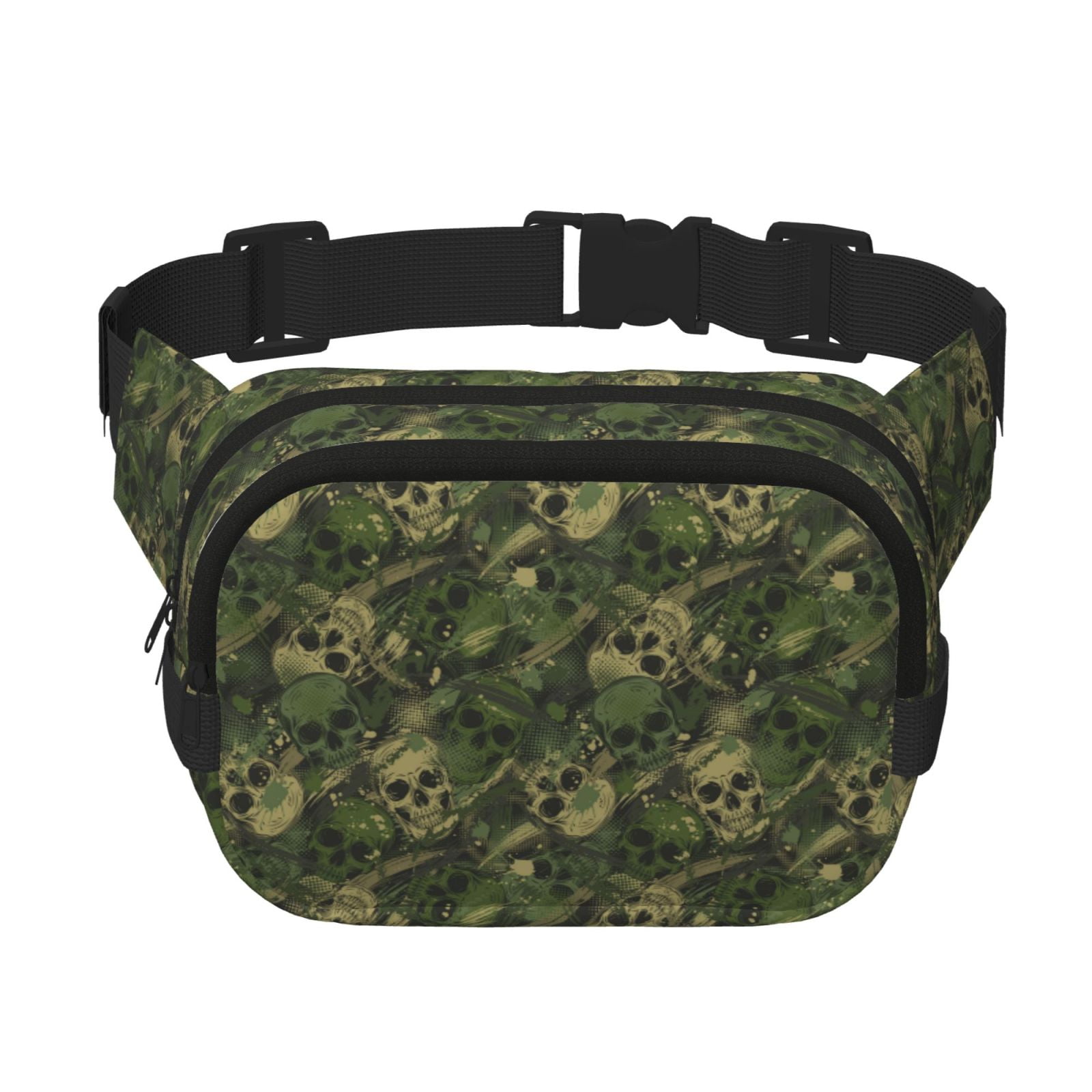 Rateoe Green Camouflage Skull Print Fanny Pack Belt Bag for Women and Men, Square Double-Layer Waterproof Waist Pack with Adjustable Strap for Hiking, Jogging, Cycling