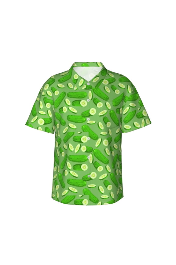 Green Cucumber Pattern Men’s Hawaiian Shirt – Short Sleeve Button-Down Tropical Beach Shirt, Lightweight & Breathable Casual Aloha Shirt with Pocket,Large