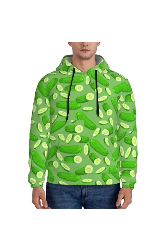 Green Cucumber Pattern Mens Hoodie, Pullover Hooded Sweatshirt, Kangaroo Pocket Hoodie Ideal for Daily Wear, Travel and Home-Medium