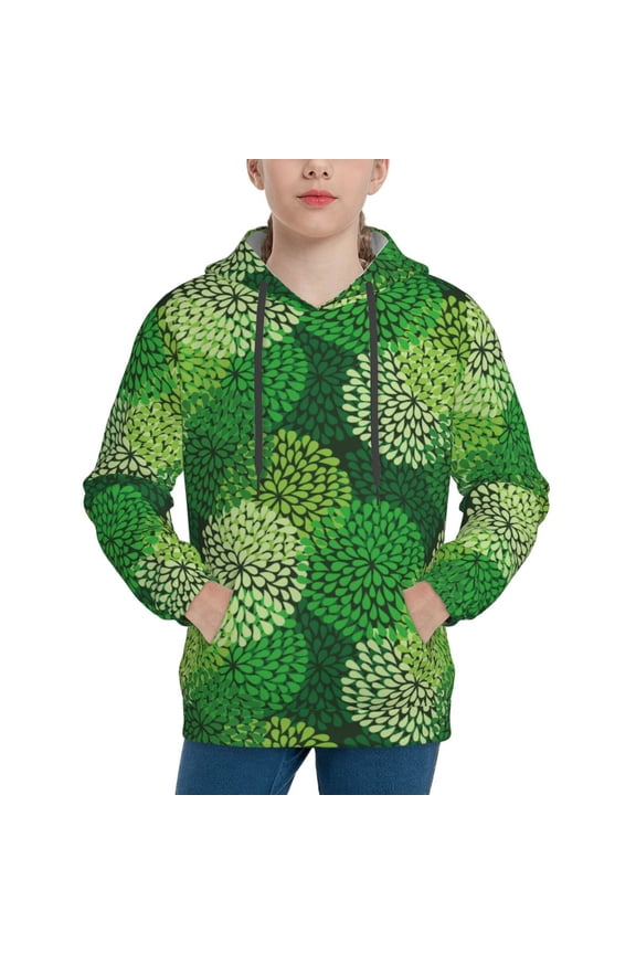 Green Flower Pattern Boys Hoodie, Youth Pullover Hooded Sweatshirt, Kangaroo Pocket Hoodie for Kids-Small