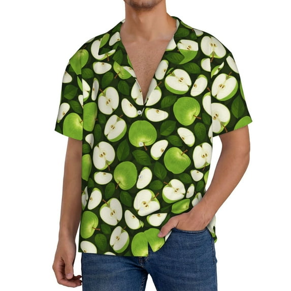 Rateoe Green Fruit Pattern Men's Short Sleeve Classic Shirt, Casual Short-Sleeved Shirt, Lightweight Summer Shirt, Cuban Collar Shirt,Button-Front Shirt-XX-Large