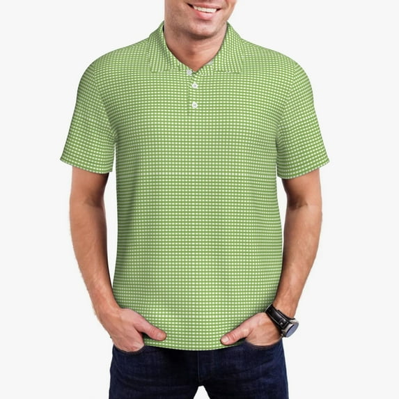 Rateoe Green Gingham Pattern Men's Short Sleeve Polo Shirts, Golf Polo Shirts Short Sleeve Performance Moisture Wicking Dry-XX-Large
