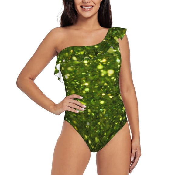 Rateoe Green Glitter Sparkle Pattern Women One Piece Swimsuits Tummy Control One Shoulder Bathing Suits Ruffle Swimwear-