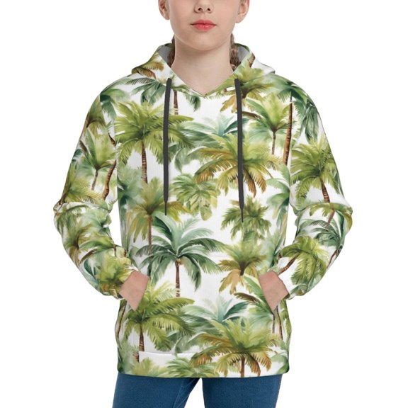 Rateoe Green Hawaii Palms Pattern Boys Hoodie, Youth Pullover Hooded Sweatshirt, Kangaroo Pocket Hoodie for Kids-Medium