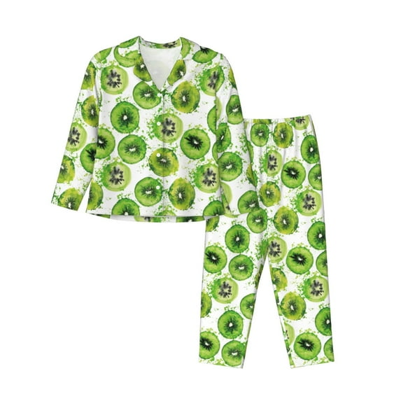 Rateoe Green Kiwi Pattern Womens Pajamas Set Long Sleeve Sleepwear Button Down Nightwear Soft Cotton Pj Lounge Sets