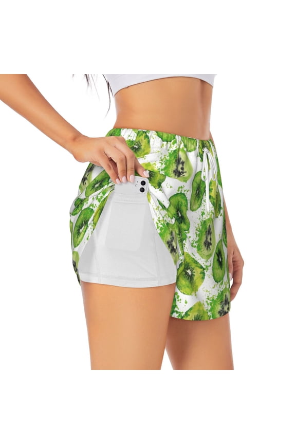 Green Kiwi Printed 2 in 1 Women's Workout Shorts for Athletic Gym Running Shorts with Phone Pockets-Medium
