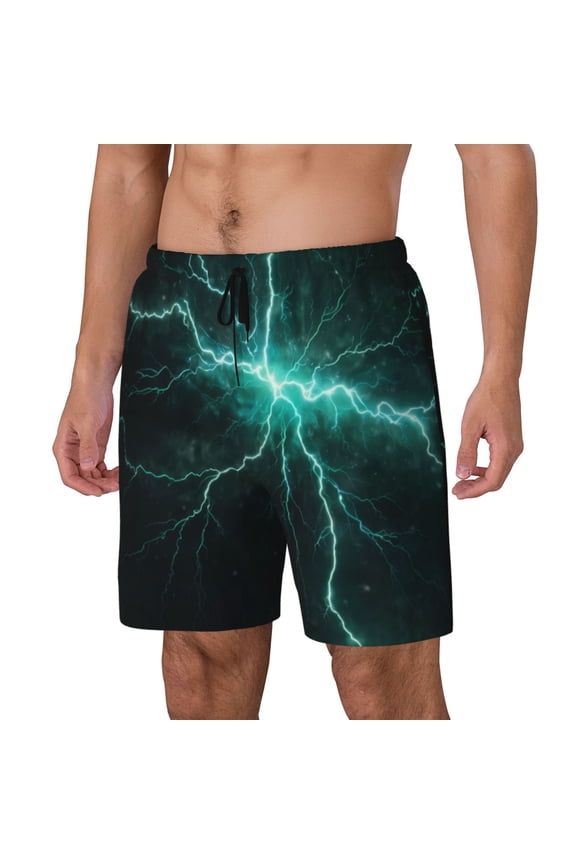 Green Lightning Flash Pattern Men’s Swim Shorts with Compression Liner – Double-Layered Quick-Dry Swimwear, Comfortable & Stretchy Beach Shorts-Large