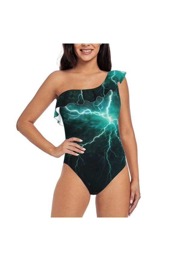 Green Lightning Flash Pattern Women One Piece Swimsuits Tummy Control One Shoulder Bathing Suits Ruffle Swimwear-