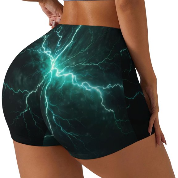 Rateoe Green Lightning Flash Printed Power Workout Shorts for Women Tummy Control Squat Proof Ribbed Thick Seamless Scrunch Active Short-Small