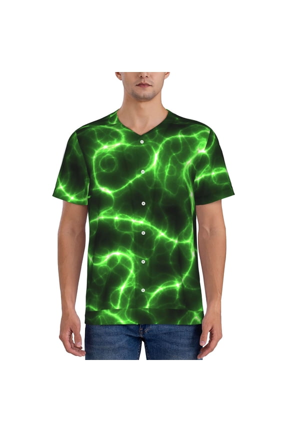 Green Lightning Pattern Men’s Baseball Short Sleeve Polo Shirt, Midweight Men's Shirt Golf Shirt Polo Shirts Quick Dry Short-X-Large
