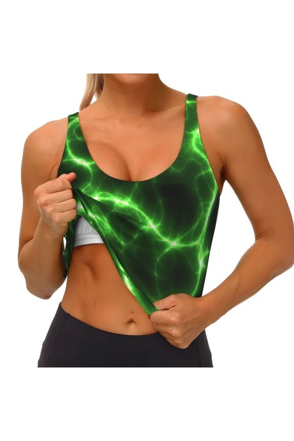 Green Lightning Print Womens' Sports Bras Scoop Neck Sports Vest- Padded U Back Seamless High Impact Support
