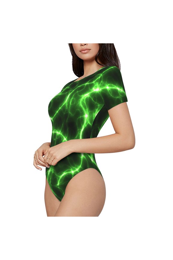 Green Lightning Printed Women Rash Guard Short Sleeve,Tummy control Swimsuit Surfing Swimsuit Bathing Suit Short-sleeved Onesie UPF 50+