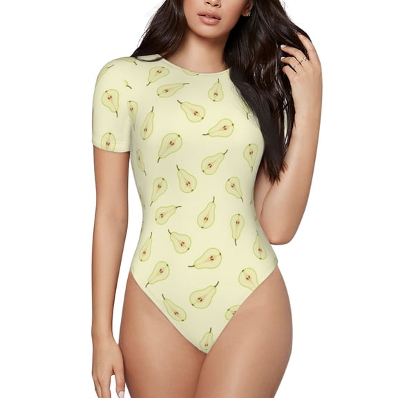 Rateoe Green Pears Printed Women Rash Guard Short Sleeve,Tummy control Swimsuit Surfing Swimsuit Bathing Suit Short-sleeved Onesie UPF 50  -Medium