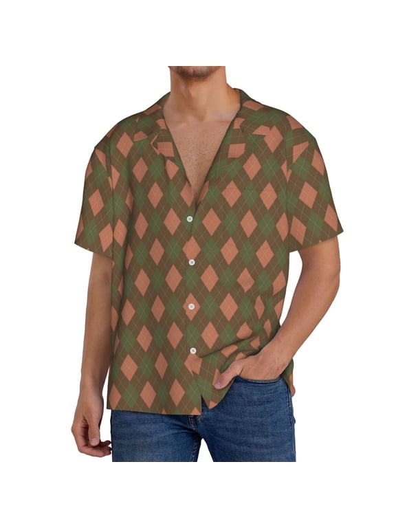 Green and Pink Squares Pattern Men's Short Sleeve Classic Shirt, Casual Short-Sleeved Shirt, Lightweight Summer Shirt, Cuban Collar Shirt,Button-Front Shirt-4X-Large