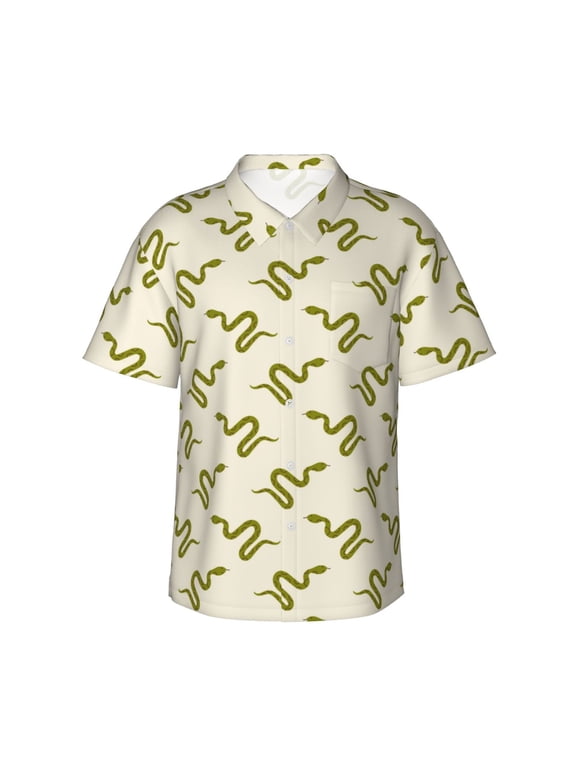 Green Snake Pattern Mens Hawaiian Shirt Short Sleeve Button-Down Tropical Beach Shirt, Lightweight & Breathable Casual Aloha Shirt with Pocket,