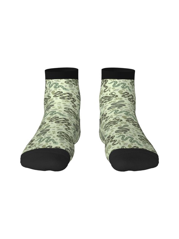 Green Snake Pattern Quarter Crew Socks,Toe Seamed Ankle Socks,Cotton Cushioned Breathable Athletic Crew Sports Socks