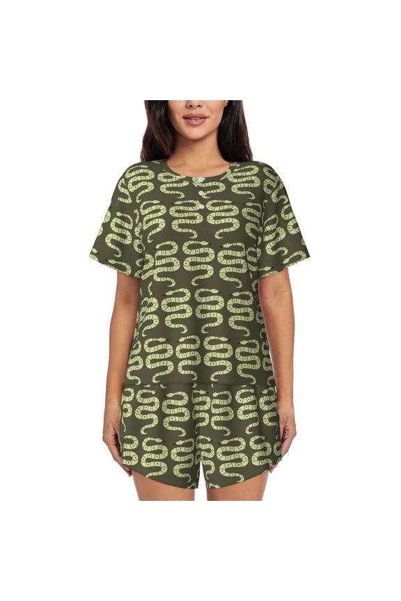 Green Snake Pattern Women's Short-Sleeved Pajama Set - 2 Piece Soft and Lightweight Sleepwear Set-Medium