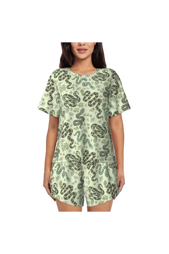 Green Snake Pattern Women's Short-Sleeved Pajama Set - 2 Piece Soft and Lightweight Sleepwear Set-Medium