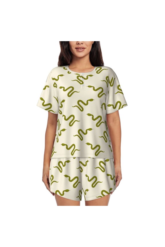 Green Snake Pattern Women's Short-Sleeved Pajama Set - 2 Piece Soft and Lightweight Sleepwear Set-Medium