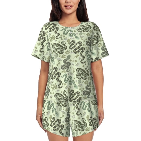Rateoe Green Snake Pattern Women's Short-Sleeved Pajama Set - 2 Piece Soft and Lightweight Sleepwear Set-X-Large