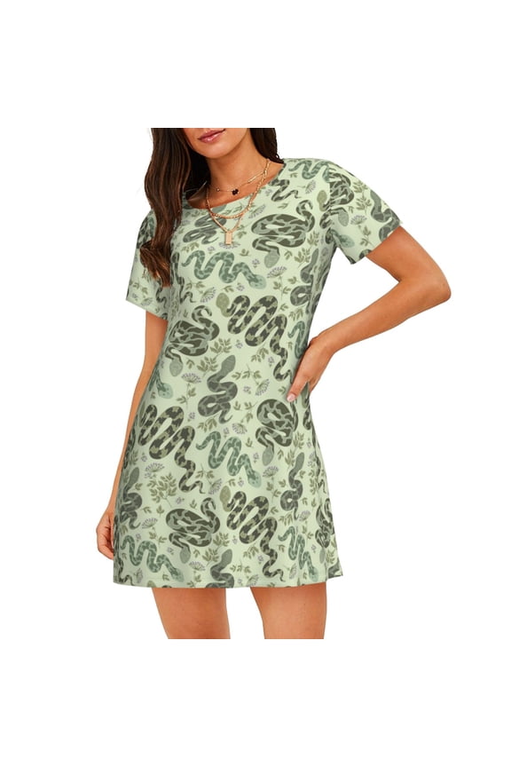 Green Snake Print Women’s Nightdress – Cozy Cotton Short-sleeved Sleep Shirt, Loose-Fit Sleepwear, Perfect for Relaxing and Sleeping