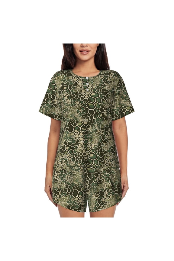 Green Snake Skin Pattern Women's Short-Sleeved Pajama Set - 2 Piece Soft and Lightweight Sleepwear Set-Medium