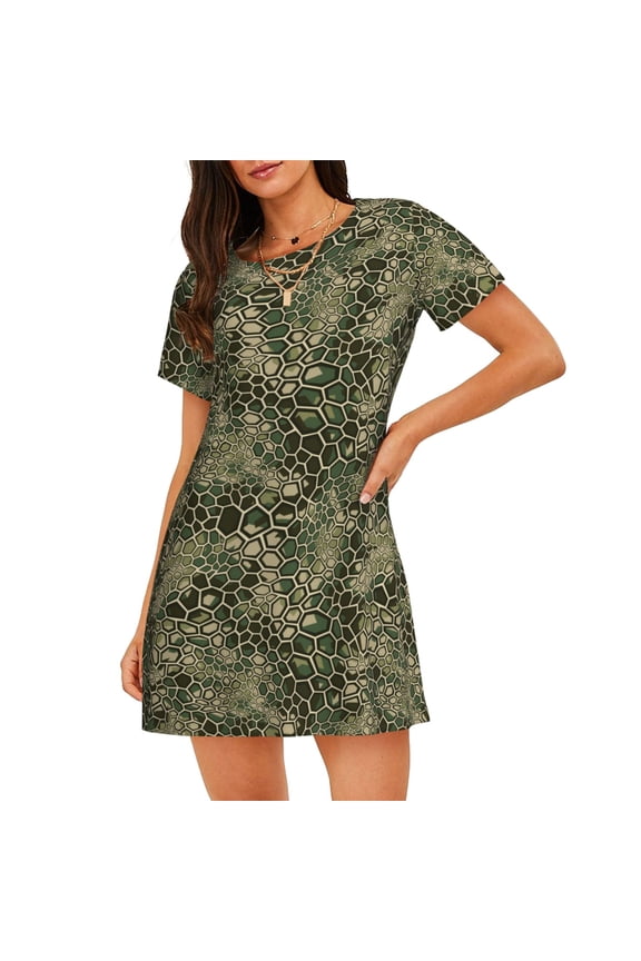 Green Snake Skin Print Women’s Nightdress – Cozy Cotton Short-sleeved Sleep Shirt, Loose-Fit Sleepwear, Perfect for Relaxing and Sleeping