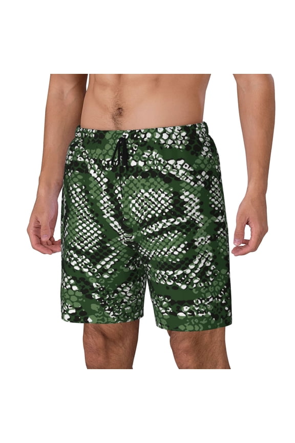 Green Snakeskin Pattern Men’s Swim Shorts with Compression Liner – Double-Layered Quick-Dry Swimwear, Comfortable & Stretchy Beach Shorts-Large