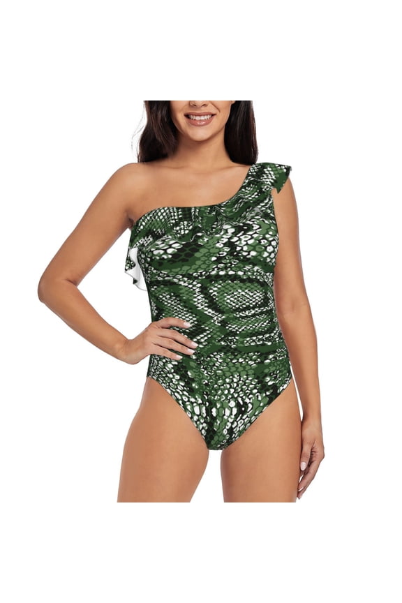 Green Snakeskin Pattern Women One Piece Swimsuits Tummy Control One Shoulder Bathing Suits Ruffle Swimwear-Small