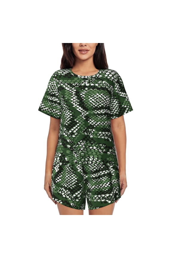 Green Snakeskin Pattern Women's Short-Sleeved Pajama Set - 2 Piece Soft and Lightweight Sleepwear Set-Medium